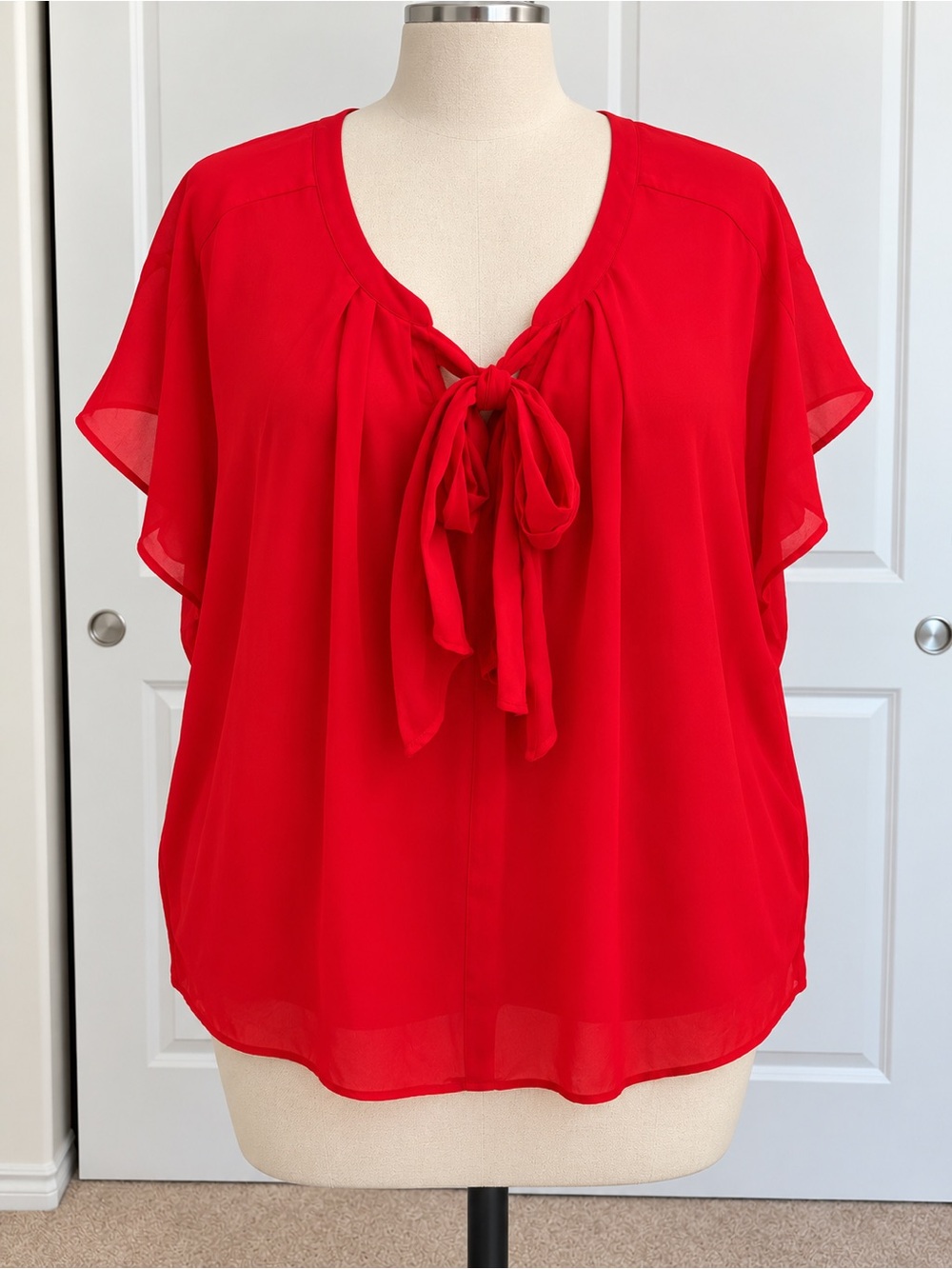 Lane Bryant Red Tie-Neck Flutter Sleeve Top